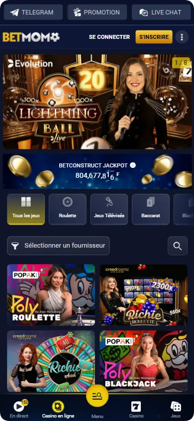 Section de casino en direct
