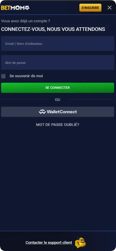 Page de connexion de Betmomo