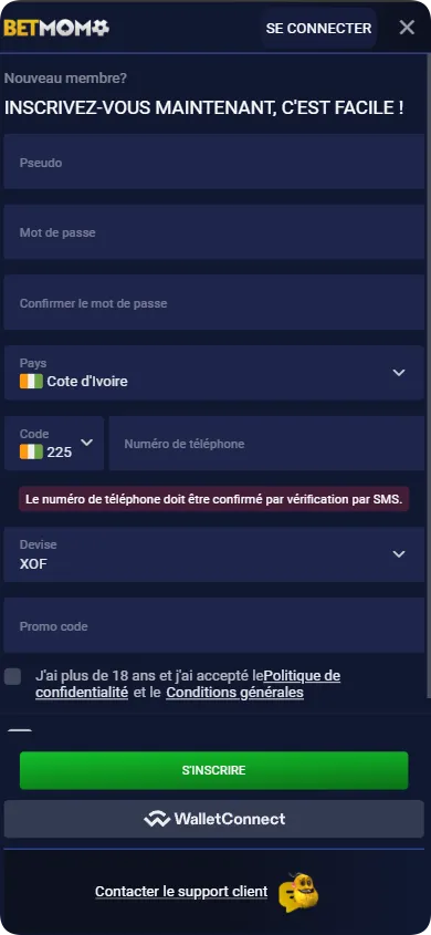 Page d'inscription Betmomo